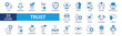 © Squadfire - Trust icon set. Containing confidence, credibility, promise, trustworthy, friends, truth, faith, sincerity and honesty. Vector Blue icons collection.