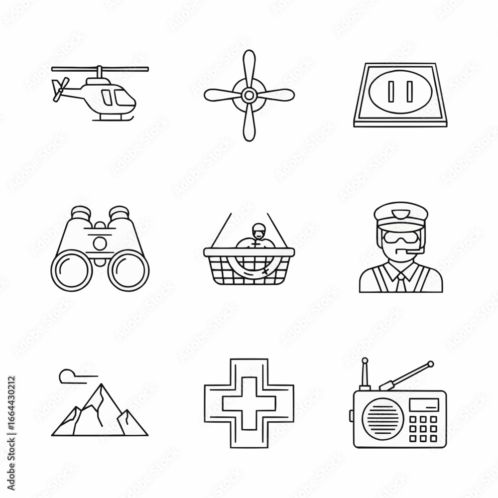 Set of Search and Rescue Icons in Black Line Design Stock Vector ...