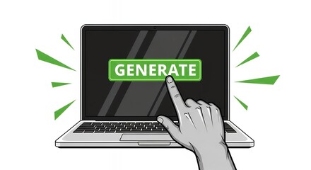 Hand Pointing at Generate Button on Laptop Screen Digital Illustration Business Concept