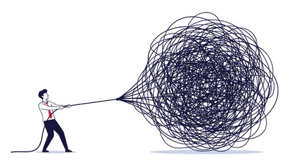 A determined person pulling a complex tangled mess of a rope symbolizing overcoming challenges and difficult problems