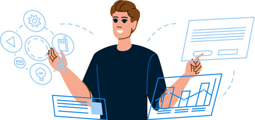 Software developer managing digital marketing campaign using virtual interface