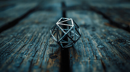 Intricate geometric sphere rests on textured surface with moody blue and green tones and shallow depth of field