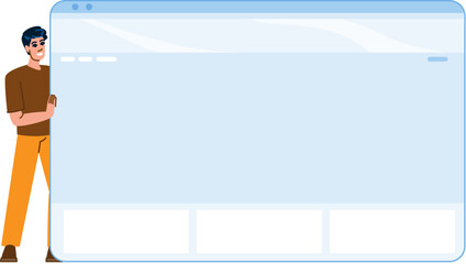 Smiling developer presenting empty web browser window template