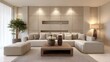 © InteriVio - hollywood glam living room full view, beige sofa, dry clay niche wall, light minimal composition, ambient warm light