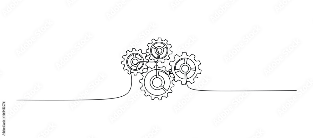 One line drawing illustration of interlocking gears representing ...
