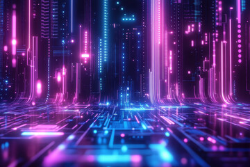 A futuristic cityscape with neon lights and glowing buildings