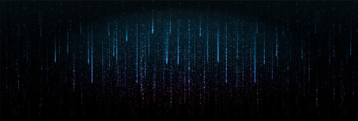 Glowing Binary Code Rain In Blue And Purple Gradient On Dark Background. Tech Matrix Style Design For Cyber, Data, And Digital Futuristic Concepts. Vector Illustration