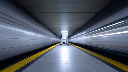 Abstract perspective of a modern tunnel with yellow lines