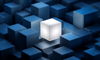 Illuminated white cube stands out among dark blue cubes