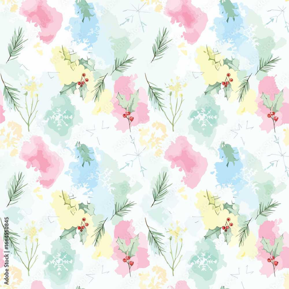 Seamless Pattern, Watercolor Christmas pattern with snowflakes, holly ...