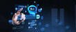 © ImageFlow - Futuristic chatbot interface with AI communication icons and human finger interaction on digital screen representing artificial intelligence concept.