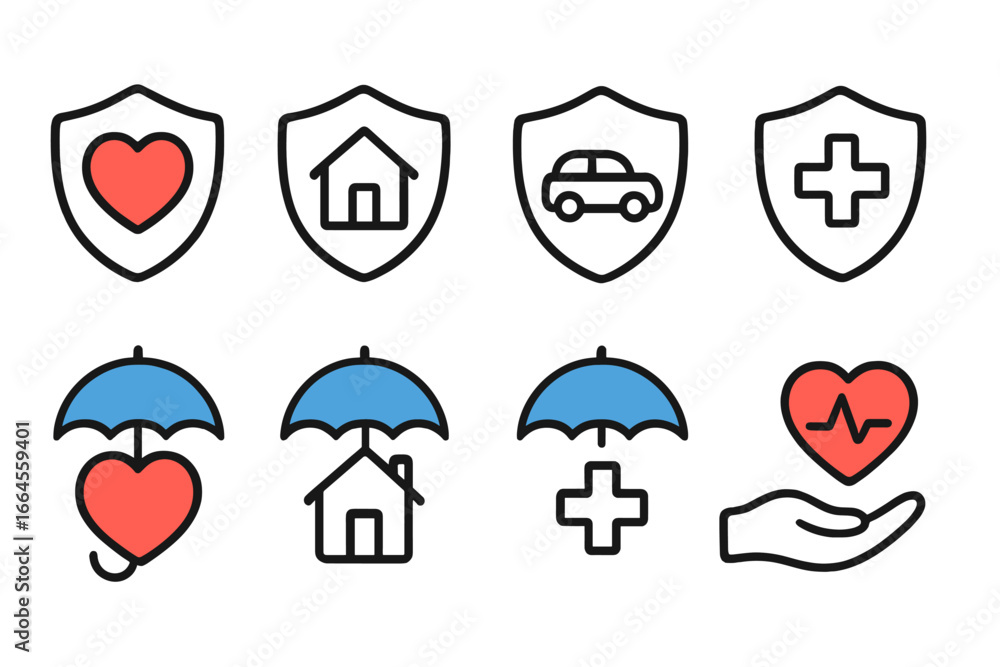 Insurance icon set for life, home, car, and health coverage. Vector ...