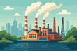 © Meline - Industrial factory with smoking chimneys on a lake, symbolizing air pollution and environmental issues. City skyline background. Modern flat vector cartoon illustration concept.