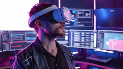 A young man with a beard is wearing a VR headset and exploring a virtual reality world. He is surrounded by computer monitors displaying data and code.