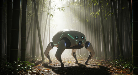 Futuristic spider robot exploring a misty bamboo forest. Sci-fi machine in nature, an advanced robotics drone walking on a path with atmospheric light. Futuristic spider bot exploration.