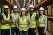 © The Little Hut - Diverse warehouse team wearing safety vests and hardhats in a distribution center, ready for logistics and operations