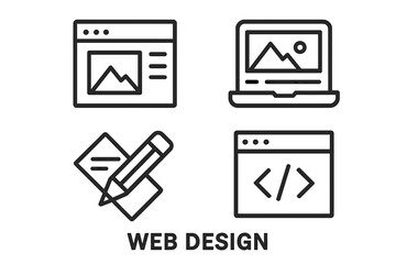 Web design icon set for development. UI UX interface, programming, coding, content creation, and responsive design line icons. Vector illustration for website layout and graphics.