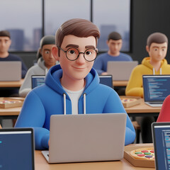 Happy Programmer in a Busy Co-working Office 3D Art