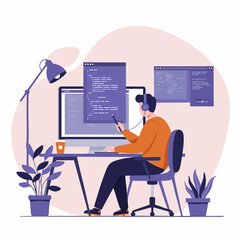 Male programmer working on software development, writing code on a computer at a modern desk with multiple monitors