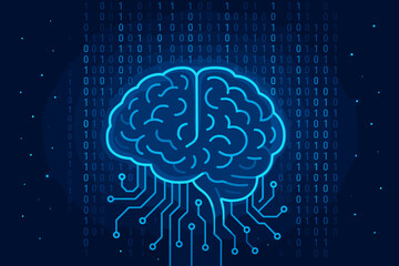 Artificial intelligence digital brain with binary code background. Futuristic tech, machine learning, and neural network concept. Abstract science and cyberspace vector illustration.