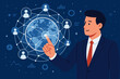 © Juno - Businessman touching global network connection. Concept of international business, data analysis, and CRM. Digital technology, communication, and marketing strategy. Flat vector.