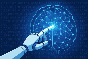 Futuristic artificial intelligence concept. Robot hand touching a glowing brain icon representing a neural network and deep learning algorithm on a binary code data background.