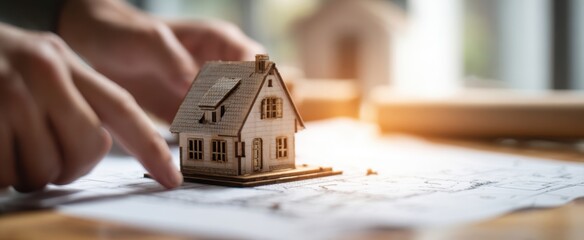 the house model on architectural blueprints during real estate planning and design consultation