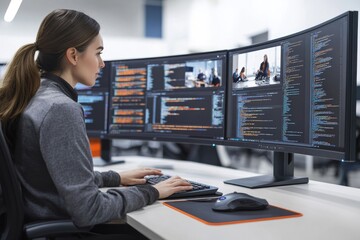 A female programmer works diligently on multiple monitors displaying lines of code and a video conference, showcasing software development.