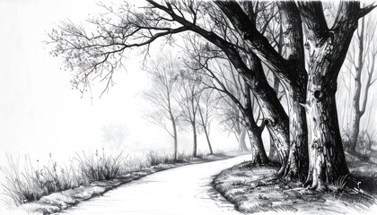  A grayscale drawing of a pathway lined with trees