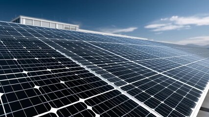 A large solar panel array on a rooftop, capturing the sun's power. This technology provides clean and renewable energy.