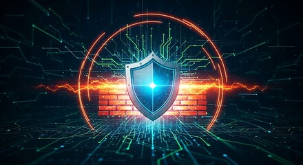 A digital shield protecting a brick wall with circuit patterns and orange lightning effects around it