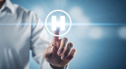 A persons finger pressing a glowing pause button on a digital interface, symbolizing control and technology