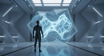 Wall Mural - Man looking at abstract data projection. Digital concept of quantum computing, artificial intelligence and future technology. Metaverse development.