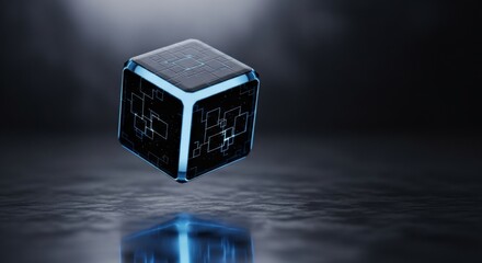 Wall Mural - Abstract glowing blue cube floating over reflective surface. Futuristic data block or blockchain concept element illustrating modern technology.