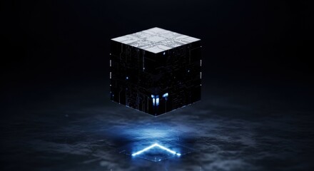 Wall Mural - Futuristic cube with glowing circuit board pattern. Digital technology and artificial intelligence concept for data processing.