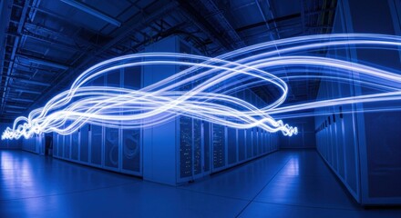 Wall Mural - Abstract light trails flowing through a modern dark blue server room. Digital data stream visualization for big data processing concept.
