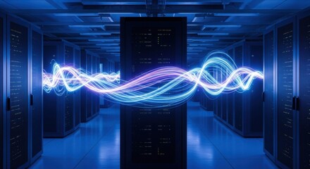 Wall Mural - Digital data flow through server room. Concept of supercomputer processing information. Modern technology for cloud computing network.