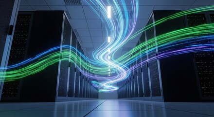Wall Mural - Server room corridor with data flow lines. Abstract light particle trails moving between data center racks. High-speed internet connection and big data transfer concept.