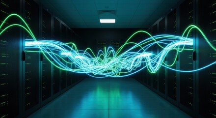 Wall Mural - Data center communication displaying glowing blue and green digital waves between server racks. Network connection visualization for modern technology.
