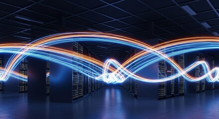 Wall Mural - Digital data flow passing through server room. Futuristic network connection in data center. Big data transmission concept for high speed internet.