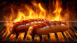 © Anthichada - Hot delicious hot dogs on a grill with flames, Juicy hot dogs grilling over flames. Food culinary presentations