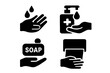 © Lukas - Hand hygiene solid icon set. Washing hands, using sanitizer dispenser, soap bar, paper towel vector icons. Cleanliness, disinfection, health safety, and prevention concept.