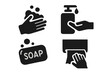 © Lukas - Hand hygiene solid icon set. Hand washing steps, sanitizer dispenser, soap bar and paper towel drying vector pictograms. Cleanliness and disinfection personal care glyph symbols.