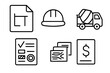 © Lena - Construction line icon set for building and architecture. Vector outline symbols including blueprint, hard hat, cement mixer, checklist, materials, and cost estimate.