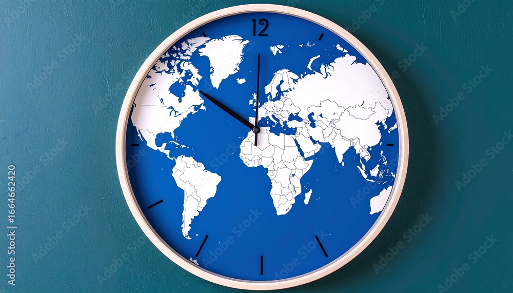 A round world map clock, displaying the global time zones, against a ...