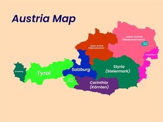 Naklejka na meble Map of Austria, Map of Austria states, Burgenland, Carinthia, Lower Austria, Upper Austria, Salzburg, Styria, Tyrol (Tirol), Vorarlberg, Vienna.

