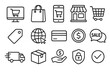 © Karla - E-commerce shopping line icon set. Online retail, payment and delivery icons. Vector illustration for web, mobile app. Includes cart, bag, store, secure payment, sale.