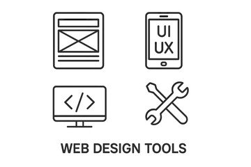 Web Design Tools Outline Icons Set of 4 – Wireframe, UI UX, Coding, Development Essentials, Digital Interface Symbols, Vector Illustration on Transparent Background