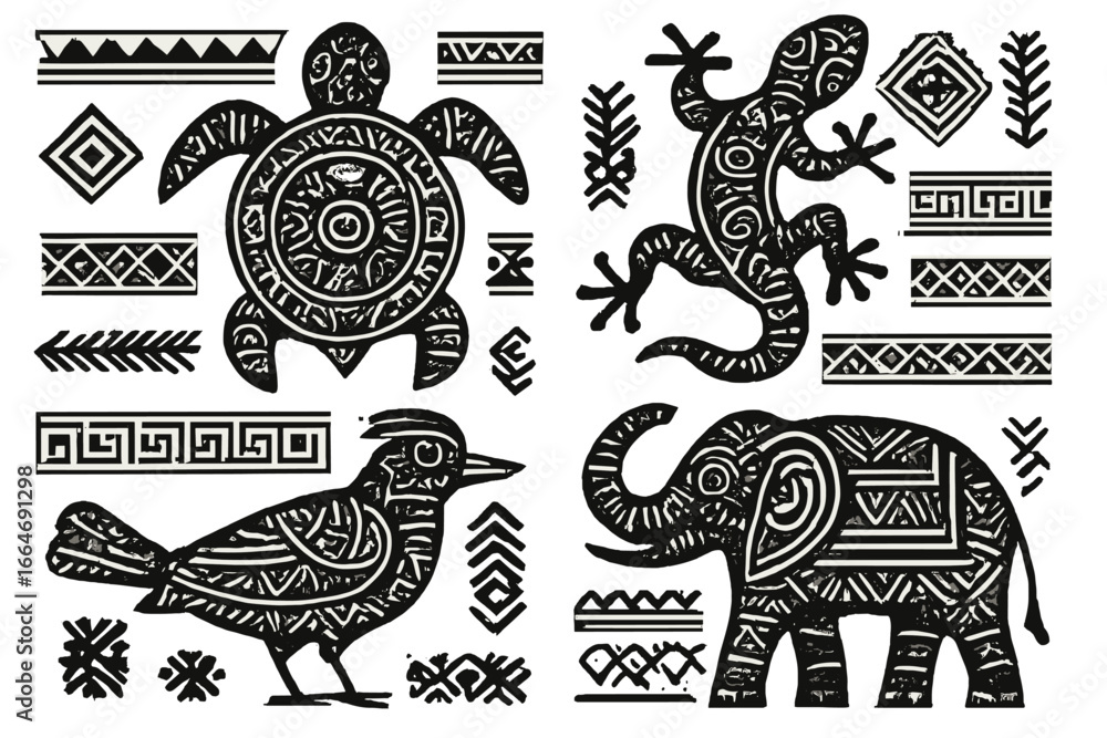 Set of tribal animal patterns. African ethnic collection with turtle ...