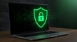 © designhunt - Laptop displaying a glowing green shield with a padlock, symbolizing cybersecurity and data protection against online threats and unauthorized access
